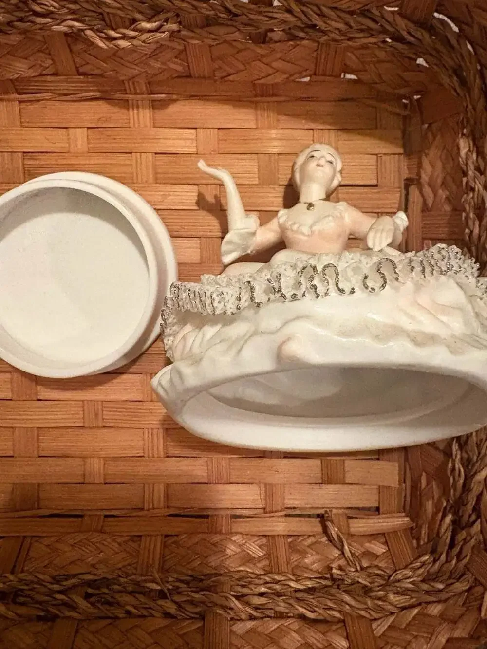 Vintage Ardalt Lenwile Bisque Porcelain Victorian Lady Figurine Trinket Box with